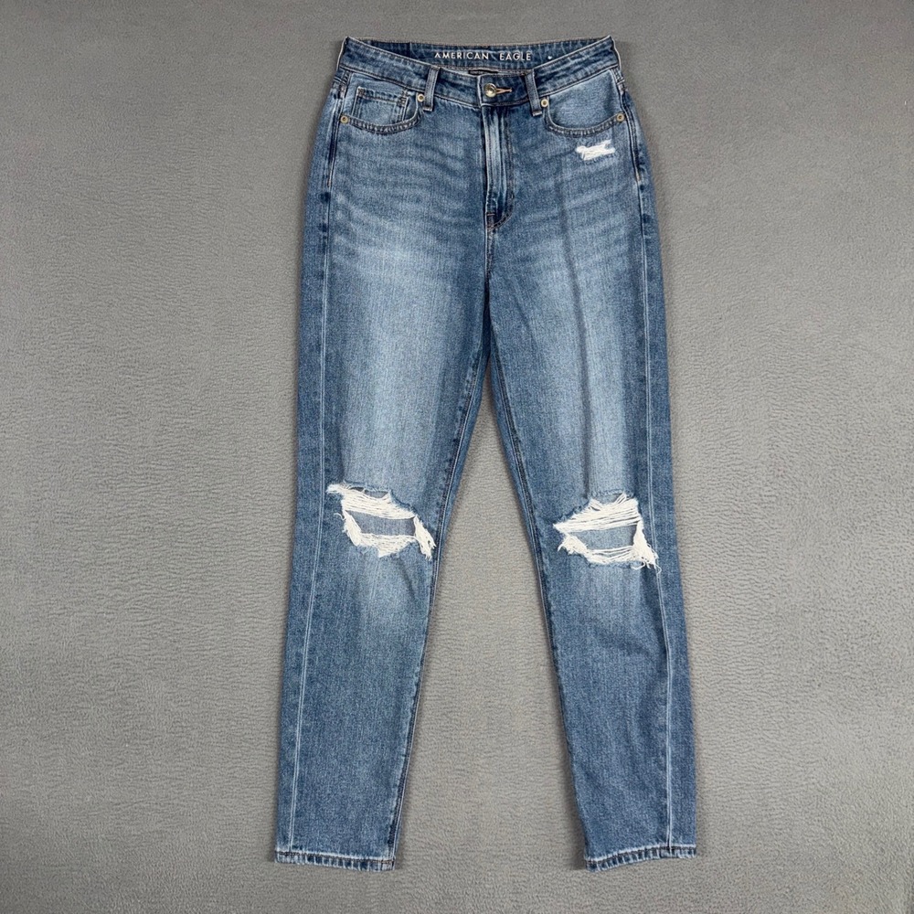 American Eagle Jeans Womens 0 Blue Mom Jean Distressed High Rise Stretch Denim